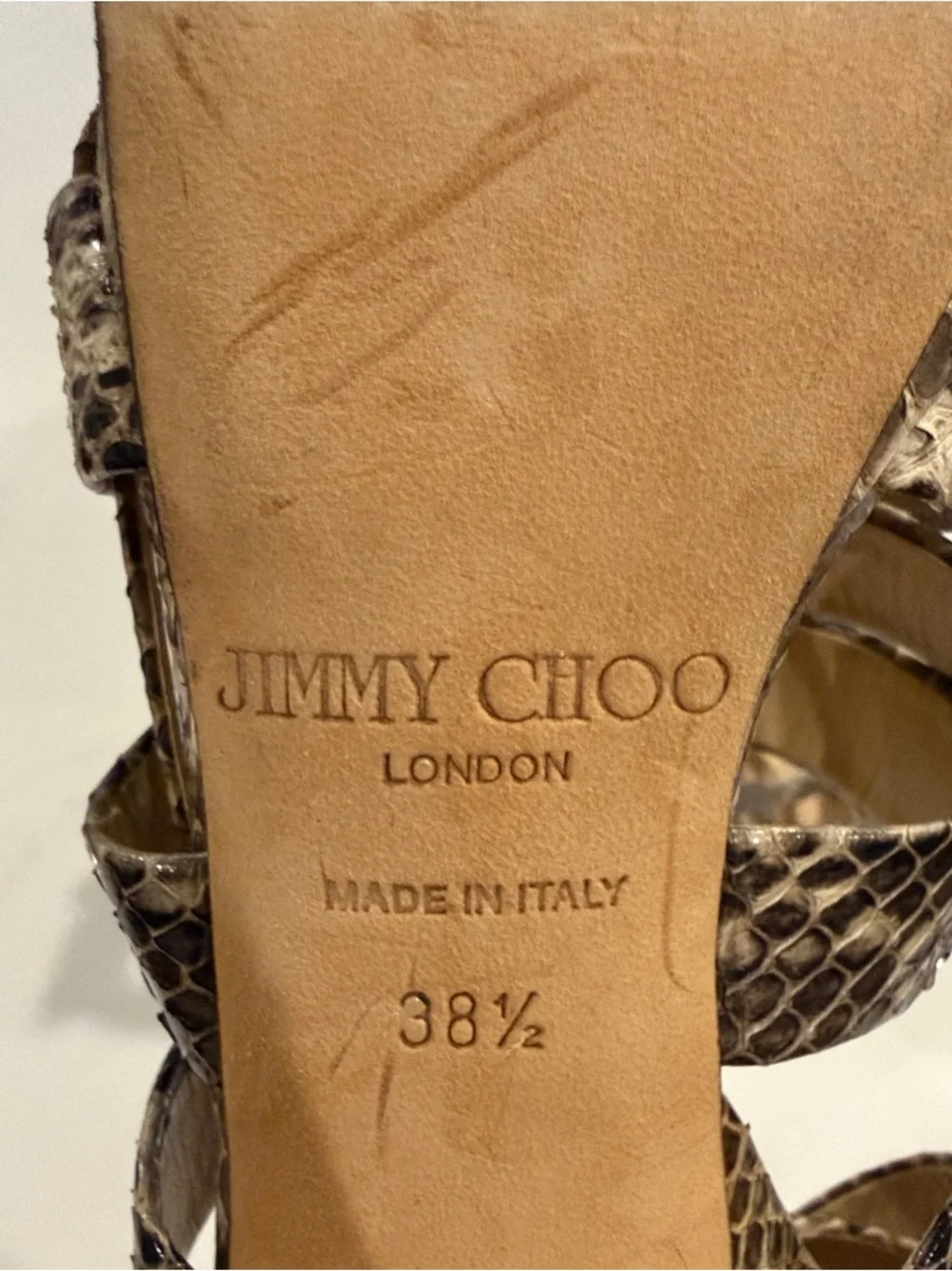 Jimmy Choo Black and Beige Snake-Print Strappy Heels